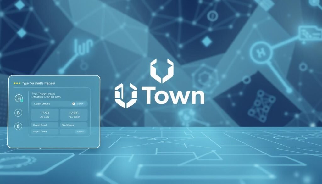 A detailed illustration of the crypto asset deposit and withdrawal process on the UTown platform. In the foreground, a user interface with clear steps depicting the secure transfer of digital currencies. The middle ground showcases the UTown logo, emphasizing the platform's branding. In the background, a blend of blockchain-inspired geometric patterns and financial iconography creates a sleek, futuristic atmosphere. Bright, balanced lighting and a slightly elevated camera angle convey a sense of accessibility and trust in the platform's functionality.