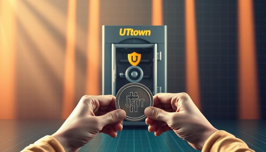 A serene and secure financial landscape, where a digital vault stands tall, emblazoned with the UTown logo. Beams of soft, warm light illuminate the scene, conveying a sense of trust and reliability. In the foreground, a pair of hands carefully hold a USDT token, symbolizing the safe and seamless cryptocurrency transactions facilitated by the platform. The background features a subtle grid pattern, hinting at the advanced technology that underpins the platform's security features. The overall mood is one of confidence and assurance, reflecting the robust safeguards in place for UTown's USDT trading ecosystem.