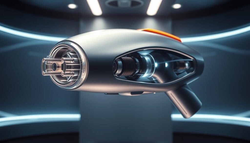 A striking futuristic medical device, the derBeaute BTL Exion 5th Gen Collagen Gun, hovers against a dimly lit, clinical backdrop. Sleek metallic casing gleams under precise, directional lighting, while an array of advanced RF and ultrasound emitters protrude from the device's core. Intricate technical components are visible through translucent panels, hinting at the innovative dual-energy technology within. The device's form evokes a sense of precision and power, radiating an aura of cutting-edge aesthetic and efficacy. The overall scene conveys a mood of clinical sophistication, capturing the essence of this revolutionary beauty technology.