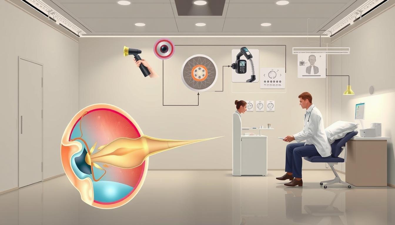 A detailed medical illustration depicting the process of diagnosing and treating inner ear imbalance. The foreground shows a cross-section of the inner ear structure, highlighting the fluid-filled chambers and nerve connections. The middle ground depicts various diagnostic tools and techniques, such as a handheld otoscope, a caloric test setup, and a patient undergoing a vestibular examination. The background features a minimalist medical setting, with clean lines, neutral tones, and subtle lighting to convey a sense of clinical professionalism. The overall mood is one of scientific precision and patient-centered care, reflecting the subject matter of the article section.