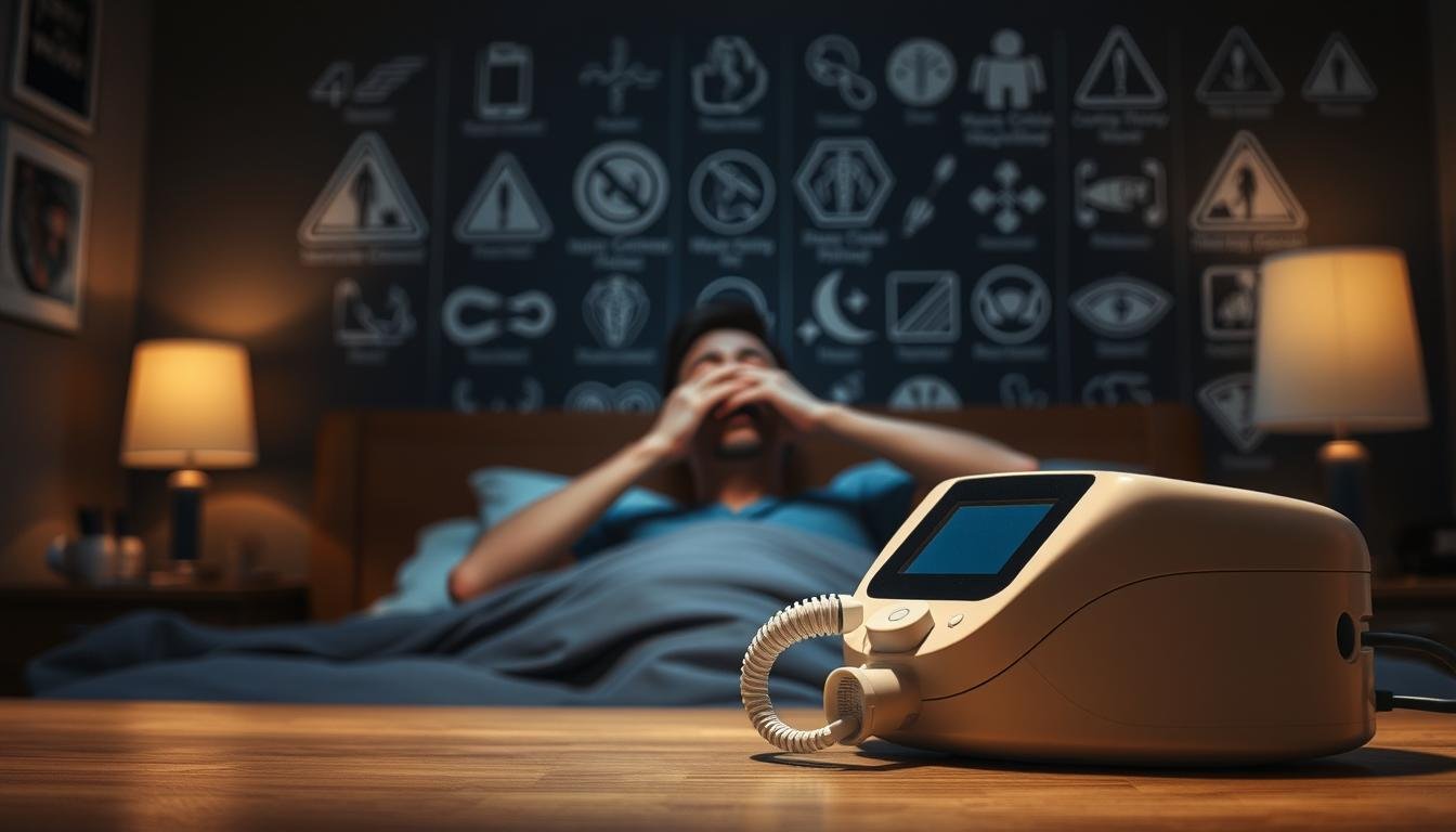 A detailed scene depicting the contraindications of using a sleep apnea CPAP machine. Showcasing an iCareCPAP device in the foreground, with a somber, dark-lit atmosphere. The middle ground features a person struggling to breathe, underscoring the risks of improper usage. The background depicts various medical warning symbols and icons, emphasizing the importance of following safety guidelines. The image conveys a sense of urgency and caution, highlighting the critical nature of responsible CPAP management.