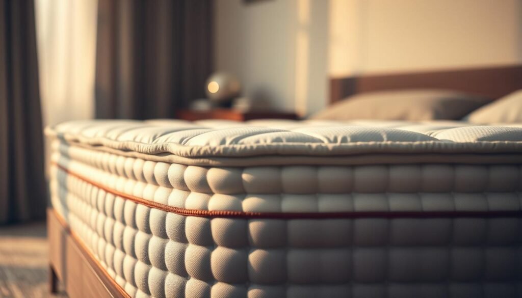 A high-quality, close-up shot of a StylesMaven independent pocket spring mattress in a warm, neutral environment. The mattress is shown in a stylized, three-quarter view, revealing the distinct edges and seams of the independently encased springs. The lighting is soft and flattering, with gentle shadows highlighting the contours and textures of the mattress. The background is slightly blurred, creating a sense of depth and focus on the main subject. The overall mood is one of calm, comfort, and attention to detail, reflecting the key features and potential drawbacks of this type of mattress design.