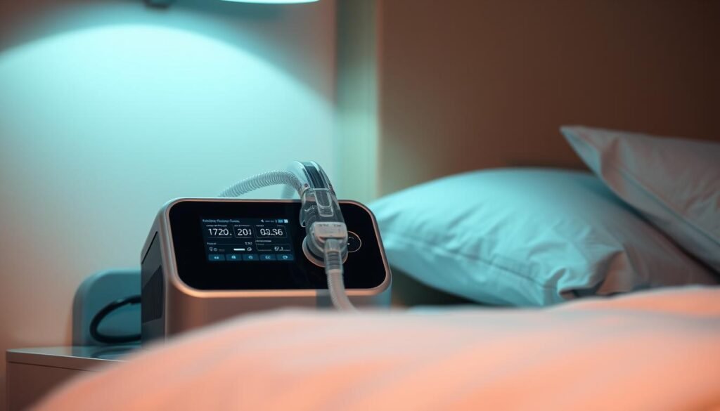 A high-quality medical-grade iCareCPAP sleep apnea machine with a sleek, modern design. The device sits on a nightstand, with a transparent face mask resting on a soft pillow. The machine's display shows relevant monitoring information. Soft ambient lighting creates a soothing, therapeutic atmosphere. The overall scene conveys a sense of comfort and wellness, highlighting the device's role in supporting healthy sleep. The image should be captured from a slightly elevated angle, showcasing the machine's clean lines and intuitive interface.