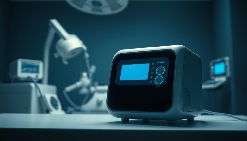 A highly detailed, technically accurate, and photorealistic image of the iCareCPAP sleep apnea machine. The device is presented in the foreground, showcasing its sleek, modern design with clean lines and a soft blue LED display. The middle ground features medical equipment and instruments, conveying a clinical setting. The background is dimly lit, creating a serene and contemplative atmosphere. The lighting is soft and diffused, accentuating the machine's shape and textures. The camera angle is slightly elevated, allowing the viewer to appreciate the device's form and functionality. The overall mood is one of professional evaluation and assessment, befitting the subject matter.