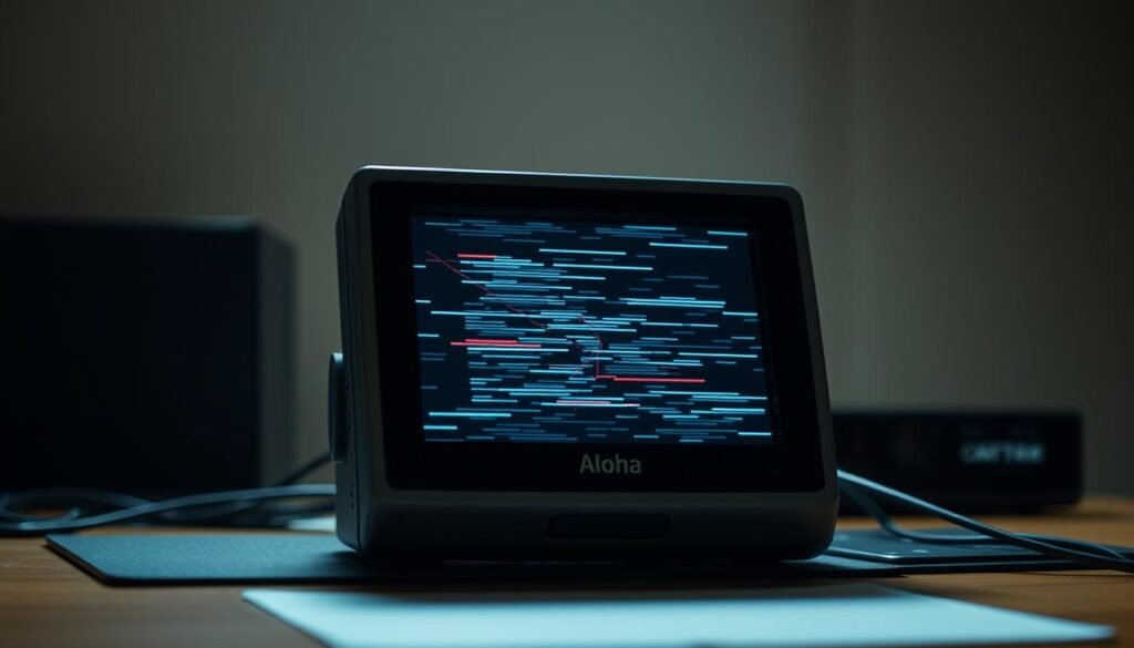 A malfunctioning caption device sits atop a desk, its screen glitching and flickering erratically. The device's Aloha branding is visible, though partially obscured by the distortion. The scene is illuminated by soft, diffused lighting, creating a sense of technical dysfunction and subtle unease. The background is blurred, keeping the focus on the central caption device and its technical problems. The overall mood conveys the challenges of maintaining reliable subtitle technology.