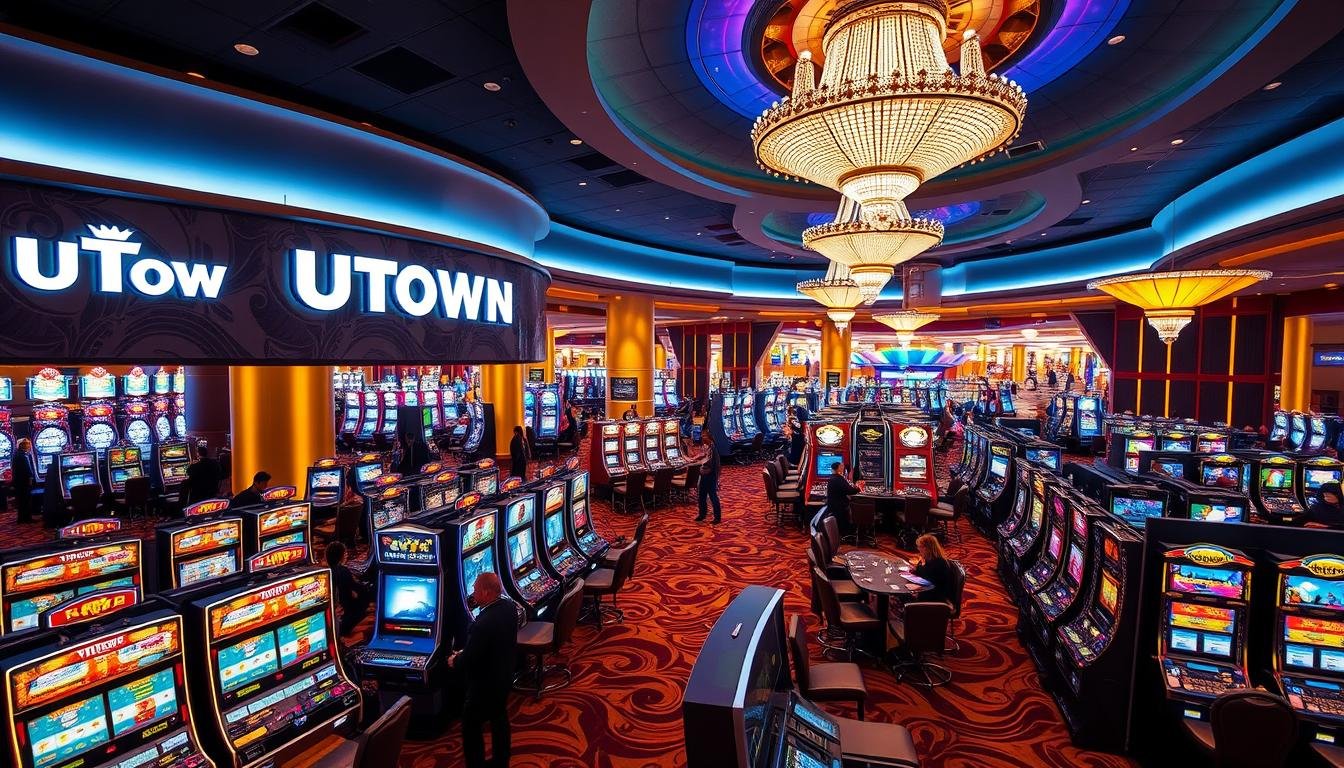A modern casino interior with a prominent "UTown" brand logo prominently displayed on the wall. The foreground features an array of sleek, high-tech gambling tables and slot machines, each bathed in a warm, amber lighting. In the middle ground, patrons are engaged in lively gameplay, their faces illuminated by the glow of the screens. The background showcases a panoramic view of the casino floor, with towering ceilings, ornate chandeliers, and a sense of opulence and excitement permeating the space. The overall atmosphere conveys a fusion of luxury, technological innovation, and the thrill of the ultimate gambling experience.