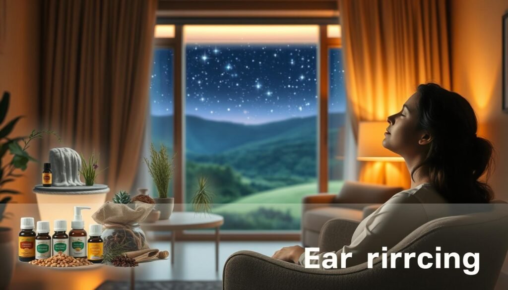 A serene, dimly lit room with a soft, warm glow. In the foreground, a person sits on a comfortable armchair, their eyes closed in deep contemplation. The middle ground showcases an array of natural remedies and relaxation aids, such as essential oils, herbs, and a soothing waterfall feature. The background depicts a picturesque landscape with lush greenery and a calming, starry night sky. The lighting is gentle, creating a sense of tranquility and inner peace, reflecting the focus on finding a solution to the subject's ear ringing issue.