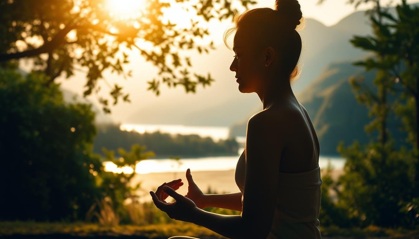A serene, well-lit image of a person performing gentle, restorative exercises like yoga or tai chi in a peaceful, natural setting. The foreground shows the person's silhouette in a meditative pose, with warm, diffused lighting highlighting their focused expression. The middle ground features lush, verdant foliage and a tranquil body of water, while the background showcases a picturesque mountain landscape bathed in soft, golden hues. The overall atmosphere conveys a sense of harmony, balance, and healing, reflecting the &quot;耳鳴解決方法的康復訓練與運動處方&quot; theme.
