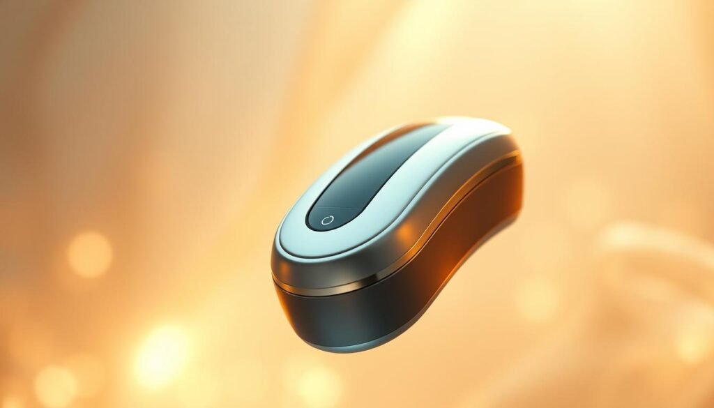 A sleek and modern medical device, the Glowin' Beaute Oligio X, floats in the center of the frame, its smooth curves and metallic accents catching the warm, diffused lighting. The device is surrounded by a blurred, dreamlike background, hinting at the cutting-edge medical technology it represents. The image conveys a sense of innovation, efficacy, and a touch of luxury, perfectly capturing the "Oligio X 原美電波: 醫美新趨勢，無痛緊膚新標準" concept.