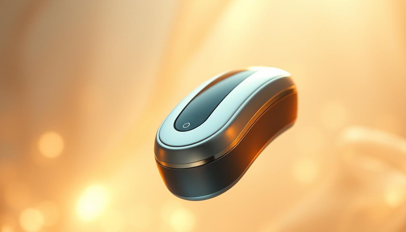A sleek and modern medical device, the Glowin' Beaute Oligio X, floats in the center of the frame, its smooth curves and metallic accents catching the warm, diffused lighting. The device is surrounded by a blurred, dreamlike background, hinting at the cutting-edge medical technology it represents. The image conveys a sense of innovation, efficacy, and a touch of luxury, perfectly capturing the "Oligio X 原美電波: 醫美新趨勢，無痛緊膚新標準" concept.