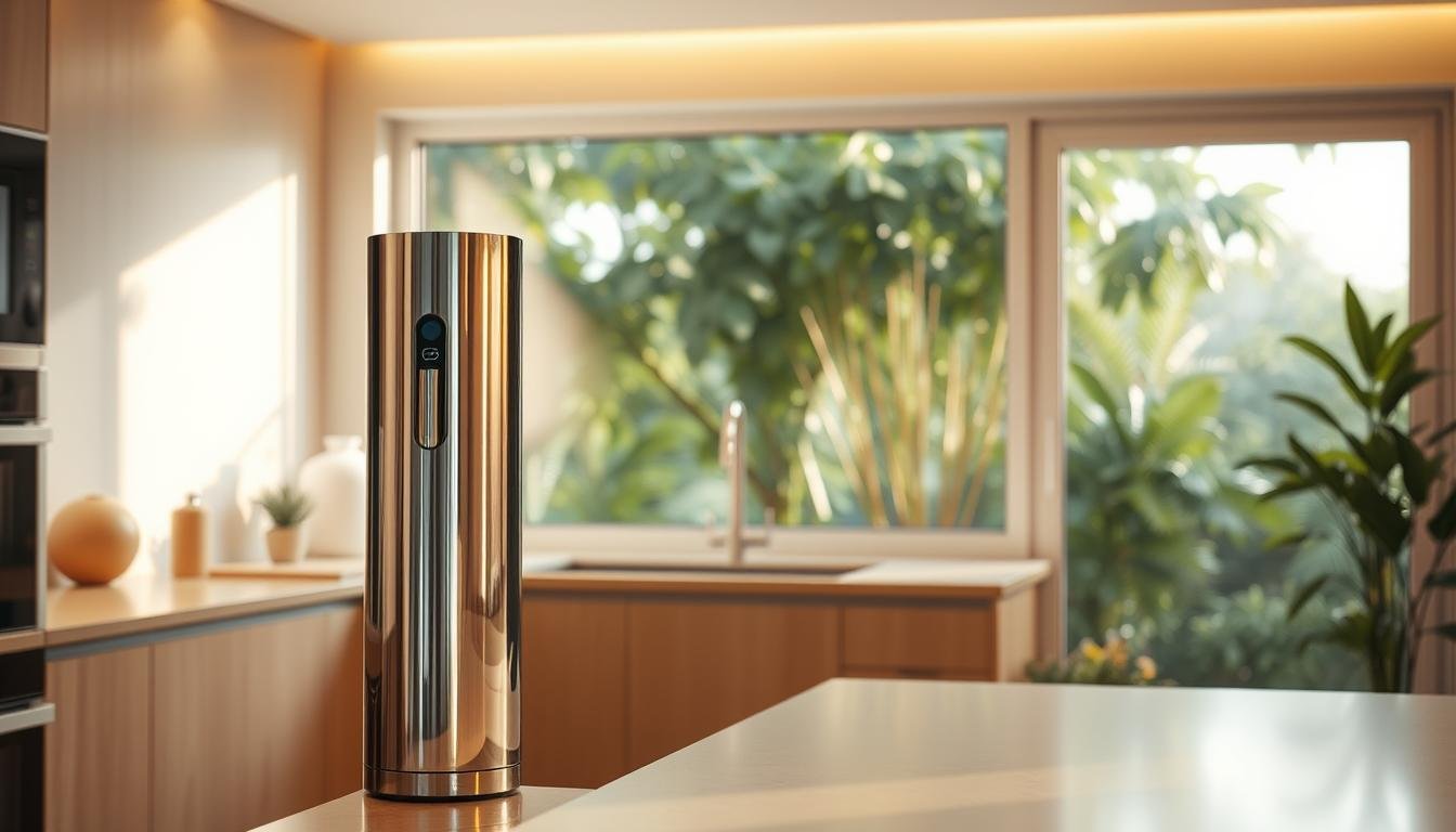 A sleek and modern water purifier stands prominently in the foreground, its chrome exterior gleaming under the warm, diffused lighting. The water purifier is situated in a spotlessly clean kitchen, with minimalist countertops and cabinets in a light, natural wood tone. In the background, a large window offers a view of a lush, verdant garden, hinting at the humid, subtropical climate of Taiwan. The overall scene conveys a sense of tranquility and efficiency, reflecting the purifier's ability to provide clean, safe water in the face of the region's variable weather conditions.