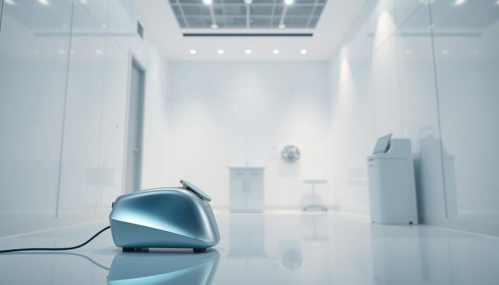 A sleek, modern medical device sits prominently in the foreground, its icy-blue metallic exterior gleaming under the soft, diffused lighting. The Glowin' Beaute "無痛噴冷系統" is the centerpiece, its streamlined design and intuitive controls suggesting a cutting-edge, painless skin treatment experience. In the middle ground, a serene, minimalist medical environment comes into focus, with white walls and clean lines that create a sense of clinical precision. The background fades into a hazy, atmospheric blur, hinting at the advanced technology and expertise that powers this innovative skin rejuvenation solution.