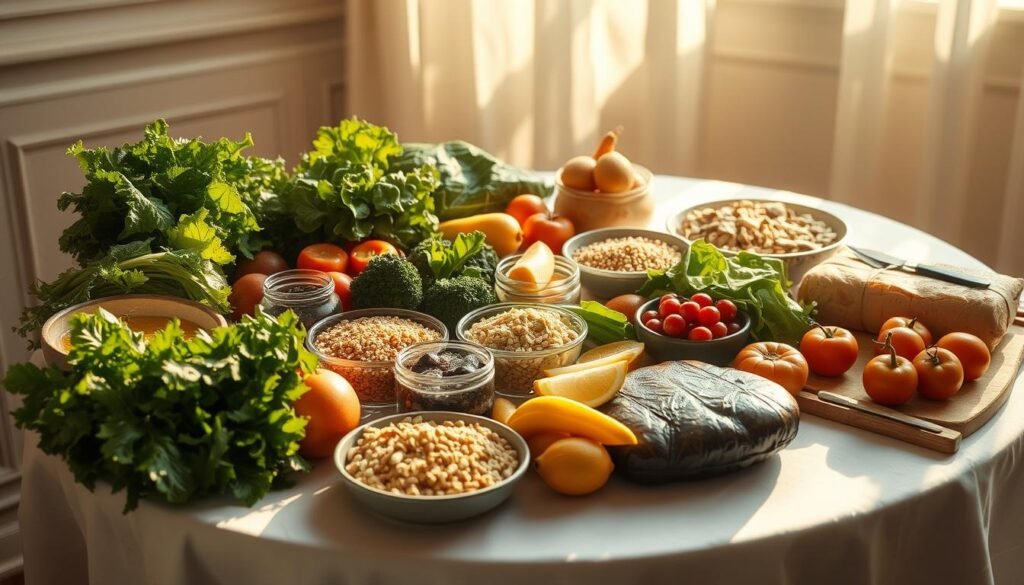 A still life scene depicting diet adjustments for resolving inner ear imbalance. A table covered with a crisp white tablecloth, showcasing an assortment of vibrant, fresh ingredients: leafy greens, juicy fruits, whole grains, and healthy proteins. Warm, natural lighting illuminates the scene, casting soft shadows and highlighting the textures of the food. The composition is balanced, with the ingredients arranged in an aesthetically pleasing manner, conveying a sense of harmony and wellbeing. The overall mood is one of tranquility and nourishment, reflecting the restorative and balancing effects of the recommended dietary changes.