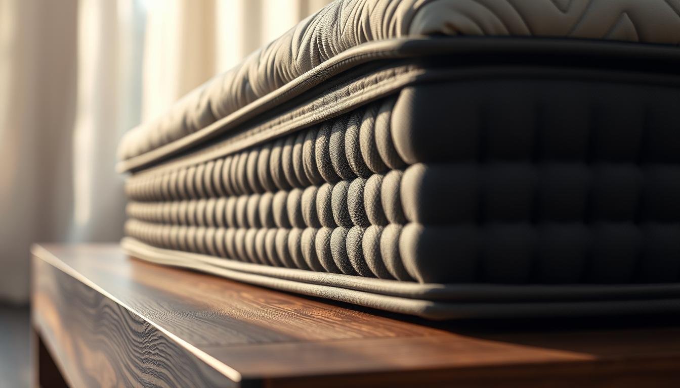 A stylish and modern independent pocket spring mattress. A detailed close-up view showcasing the intricate inner structure, with each individual spring encased in its own fabric pocket, providing targeted support and contouring to the body. The mattress is elevated on a wooden platform, bathed in soft, natural lighting that highlights the textures and materials. The overall composition conveys a sense of quality craftsmanship and attention to detail. StylesMaven