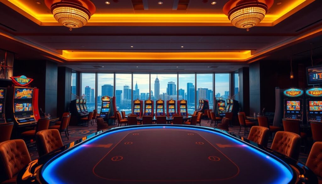 A vibrant and modern UTown casino interior, bathed in warm golden lighting. In the foreground, a sleek and inviting gaming table with a sophisticated design, surrounded by plush chairs and high-end finishes. The middle ground features a dynamic display of electronic slot machines, their screens flickering with colorful animations. In the background, a panoramic view of the city skyline, framed by floor-to-ceiling windows, adding a sense of luxury and sophistication. The overall atmosphere exudes a welcoming and exclusive ambiance, reflecting the premium member experience of UTown's world-class casino.