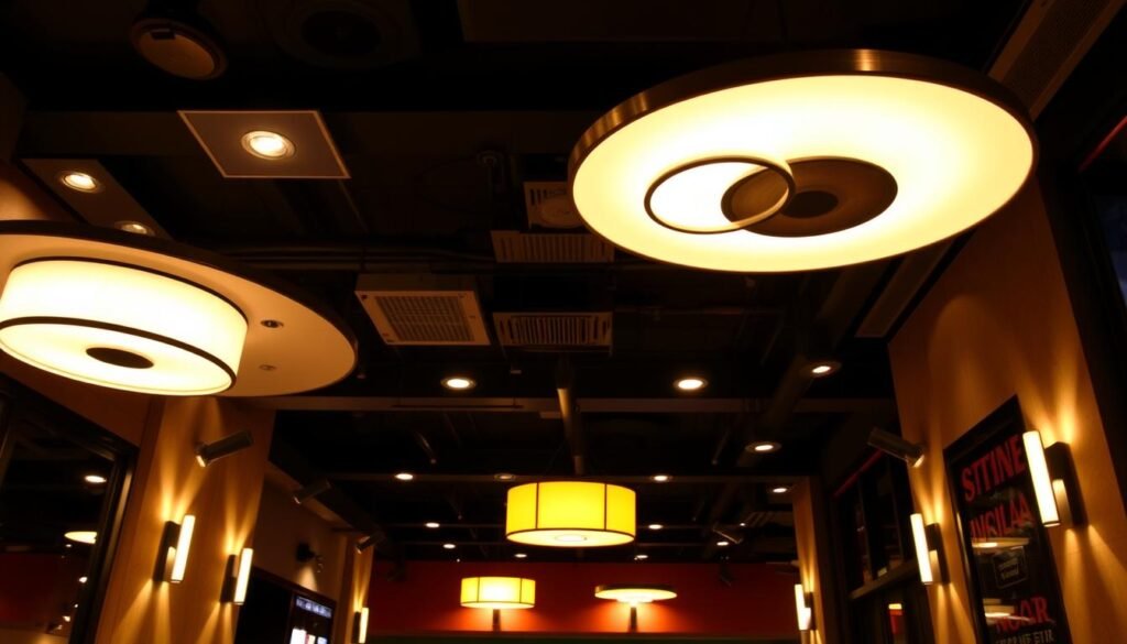 A well-lit commercial space with warm and inviting Aloha-branded LED lighting fixtures. The lighting design features a mix of recessed spotlights, suspended pendants, and strategic wall sconces that illuminate the space from multiple angles, creating depth and dimension. The lighting subtly highlights key design elements and architectural features, elevating the overall ambiance and enhancing the visual appeal of the space. The lighting levels are balanced, with a focus on creating a harmonious and visually striking atmosphere that captivates customers.