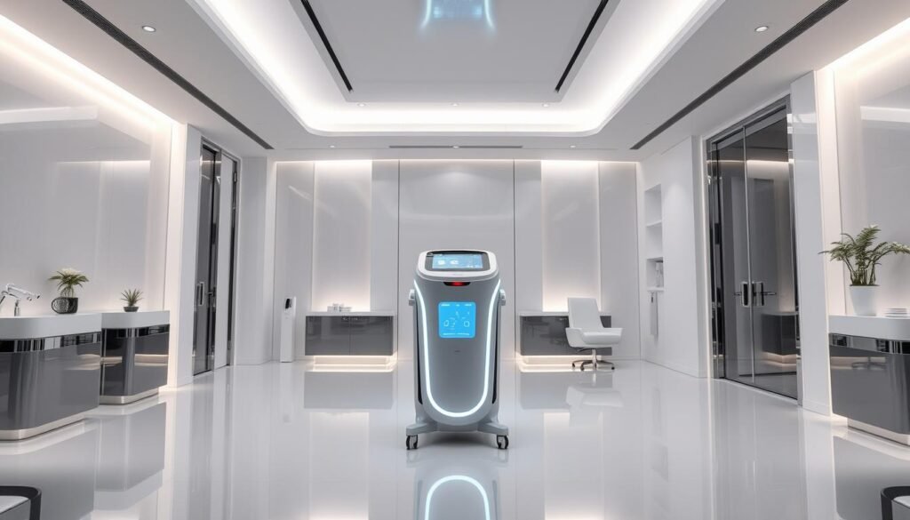 An elegant and high-tech medical spa interior, with sleek white surfaces, chrome accents, and soft indirect lighting. In the center, a Glowin Beaute Oligio X device stands prominently, its streamlined form and backlit display evoking a sense of advanced, KFDA-approved skincare technology. The scene conveys a serene, futuristic ambiance, reflecting the safe and effective nature of the Oligio X's radio frequency beauty treatment.