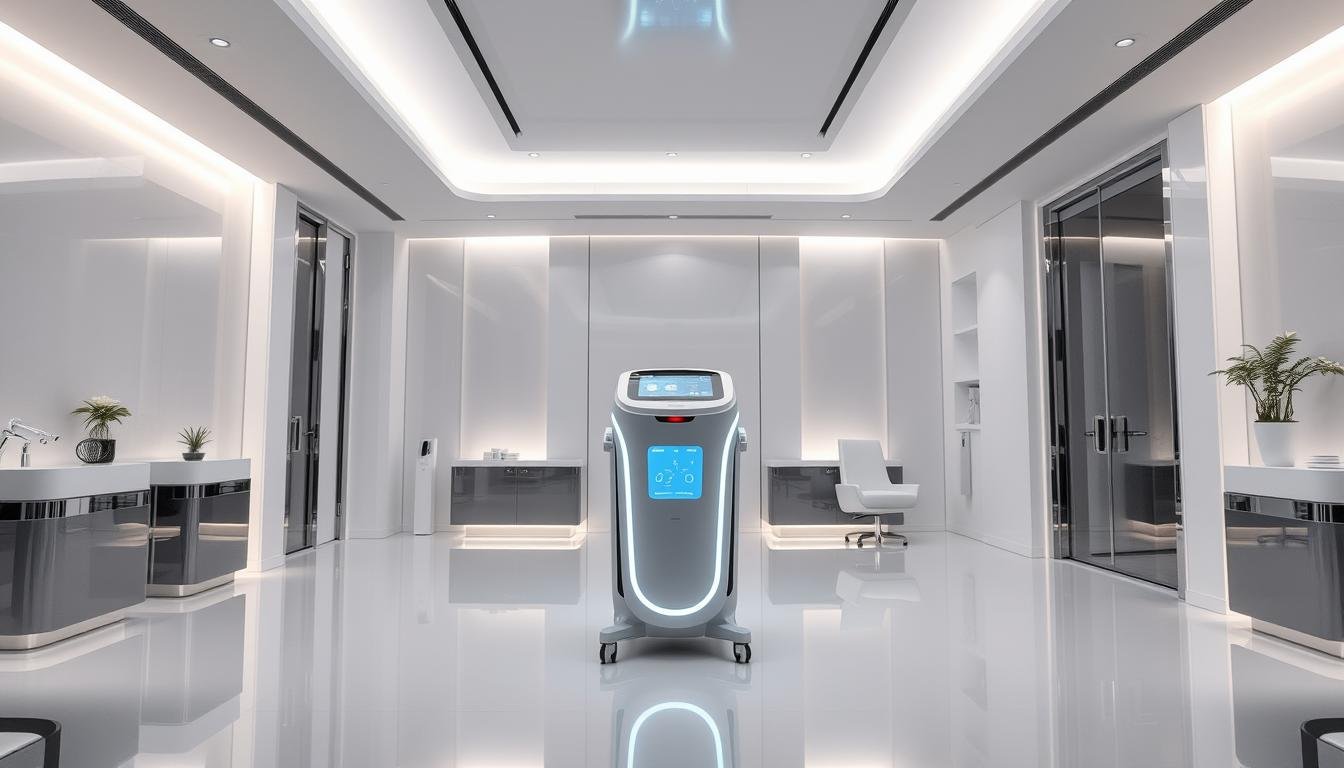 An elegant and high-tech medical spa interior, with sleek white surfaces, chrome accents, and soft indirect lighting. In the center, a Glowin Beaute Oligio X device stands prominently, its streamlined form and backlit display evoking a sense of advanced, KFDA-approved skincare technology. The scene conveys a serene, futuristic ambiance, reflecting the safe and effective nature of the Oligio X's radio frequency beauty treatment.