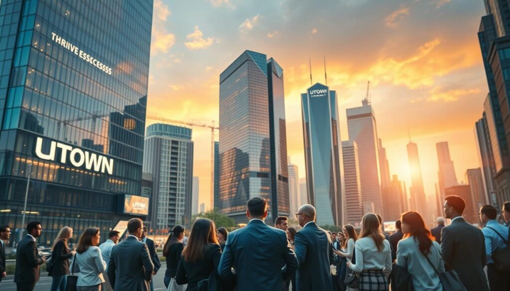 A bustling cityscape with the UTown brand prominently displayed, showcasing its thriving success stories. In the foreground, a group of professionals in modern attire gather, engaged in dynamic discussions. The middle ground features sleek high-rise buildings, their reflective facades capturing the vibrant energy of the city. In the background, a vibrant sky with warm, golden hues sets the tone for a prosperous and ambitious atmosphere. The scene is captured with a cinematic, wide-angle lens, emphasizing the scale and grandeur of the UTown enterprise and its successful partnerships.
