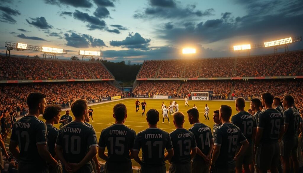 A bustling football stadium at dusk, the crowd roaring with excitement. In the foreground, a group of players in UTown uniforms strategize, their expressions intense as they study the game plan. The midfield is a dance of skill and precision, players weaving through the defense. In the background, the floodlights cast a warm glow, illuminating the vast expanse of the pitch. The atmosphere is electric, capturing the rhythm and momentum of the match.