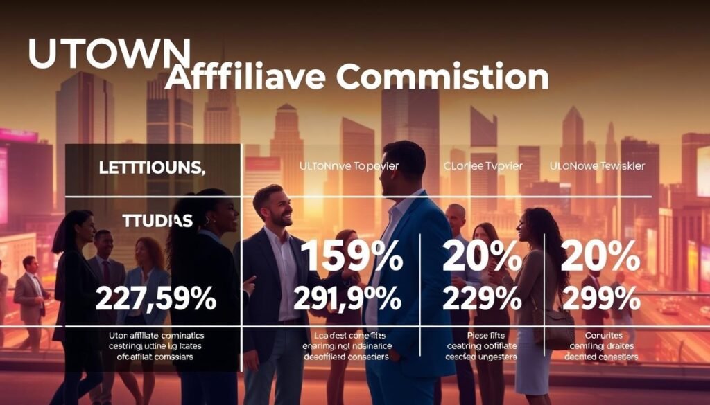 A dynamic and visually captivating illustration of the UTown affiliate commission structure. In the foreground, a sleek, modern infographic showcases the various tiers and percentages of the UTown affiliate program, presented with clean typography and elegant data visualization. The middle ground features a group of diverse individuals, representing UTown affiliates, engaged in collaborative discussions and transactions, their expressions radiating enthusiasm and success. In the background, a vibrant cityscape with towering skyscrapers and bustling streets sets the stage, reflecting the scale and growth potential of the UTown affiliate network. Warm, directional lighting and a polished, professional aesthetic convey the lucrative and promising nature of the UTown affiliate opportunities.