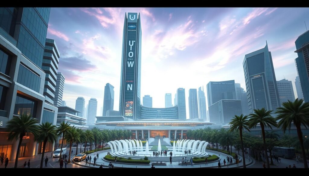 A futuristic cityscape with a towering skyscraper featuring the "UTown" logo prominently displayed. The building's architecture is a sleek, modern design with clean lines and reflective glass panels. The foreground features a busy street scene with people walking, vehicles moving, and an overall sense of activity and commerce. The middle ground showcases a grand plaza with fountains and lush greenery, creating a harmonious blend of nature and technology. The background is filled with a vibrant, almost neon-lit sky, adding to the sense of a dynamic, technologically advanced urban environment. Lighting is a mix of natural daylight and subtle, ambient lighting, creating depth and highlighting the architectural details. The overall mood is one of progress, innovation, and a thriving, forward-thinking metropolis.