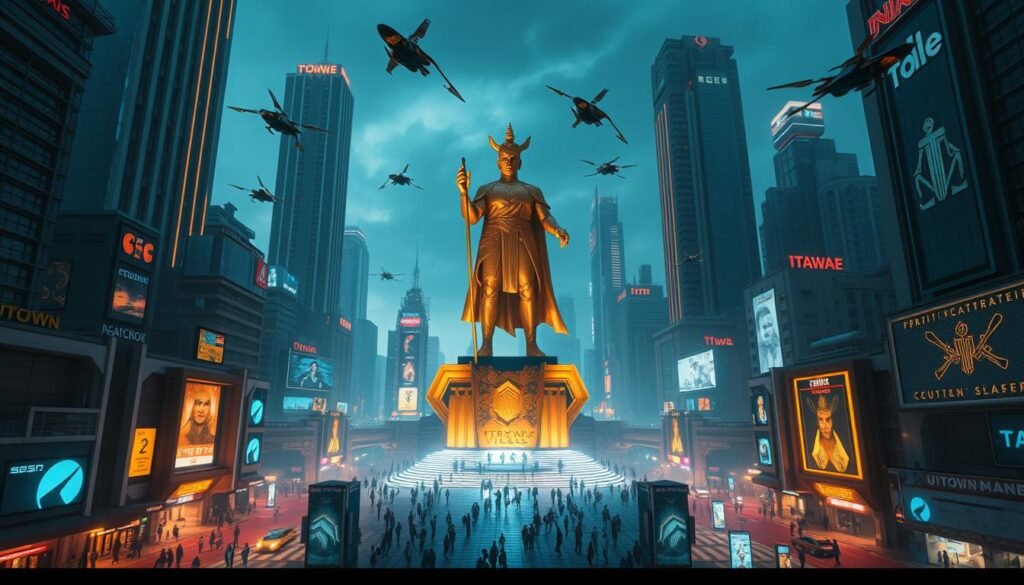 A futuristic cityscape with towering skyscrapers, neon-lit streets, and a central plaza dominated by a massive golden statue of the god of war, UTown. The statue's intricate details and powerful stance command attention, while the bustling metropolis around it thrums with energy. Sleek hovercraft and flying vehicles dart through the sky, casting dynamic shadows across the scene. Vibrant holographic displays and signage create an immersive, high-tech atmosphere. Dramatic lighting, with warm tones accentuating the golden statue and cool blues in the background, heighten the sense of grandeur and technological sophistication.