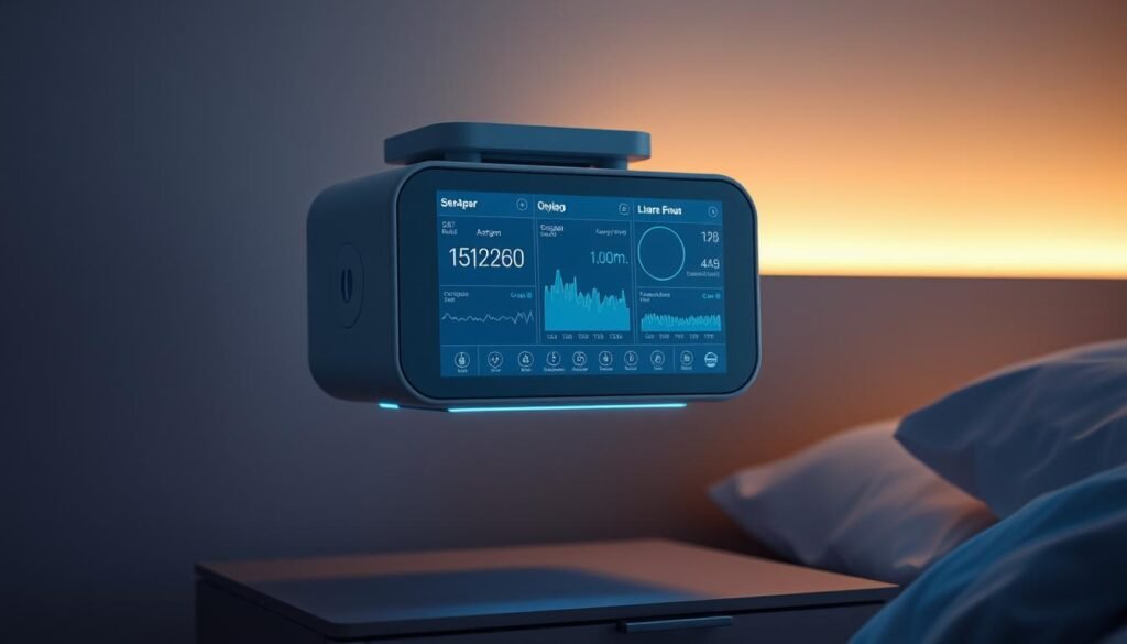A high-tech sleep apnea monitoring system with the iCareCPAP device. Sleek, modern display panel showcasing real-time data on respiratory patterns, oxygen levels, and other vital signs. Soft ambient lighting illuminates the clean, minimalist design. The device hovers above a nightstand, giving an impression of advanced, cutting-edge medical technology. The overall mood is one of precision, comfort, and medical reassurance.
