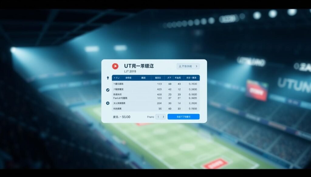 A minimalist, sleek illustration of the "大小分投注" concept. The composition features a clean, UTown-branded user interface displaying a sports betting slip with key data points - the match-up, odds, and betting amount. The background is a blurred, abstract sports arena, conveying the excitement and atmosphere of live sports betting. The lighting is soft and moody, with a cool color palette to create a sense of sophistication. The camera angle is slightly elevated, giving a birds-eye view of the betting interface, emphasizing the analytical, data-driven nature of the "大小分投注" strategy.