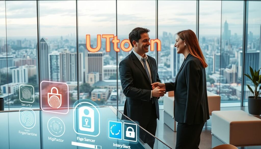 A modern corporate office interior with sleek glass walls and minimalist furniture. A large UTown logo prominently displayed on the wall, exuding a sense of security and professionalism. In the foreground, a customer service representative assists a client, their expressions conveying trust and transparency. The middle ground showcases various digital security measures, such as fingerprint scanners and multi-factor authentication devices. The background features a panoramic view of a bustling city skyline, emphasizing the company's urban presence and global reach. The lighting is warm and inviting, creating an atmosphere of reliability and stability.