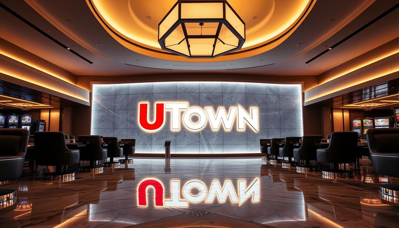 A modern, high-end casino interior with a sleek, futuristic aesthetic. The centerpiece is a large, illuminated UTown logo displayed prominently on a curved, backlit wall. The floor is made of a reflective marble-like material, creating a sense of depth and grandeur. Overhead, a geometric lighting fixture casts a warm, inviting glow throughout the space. Plush leather seating and polished metal accents lend an air of luxury and sophistication. The overall atmosphere conveys a sense of exclusivity, legality, and high-end entertainment.