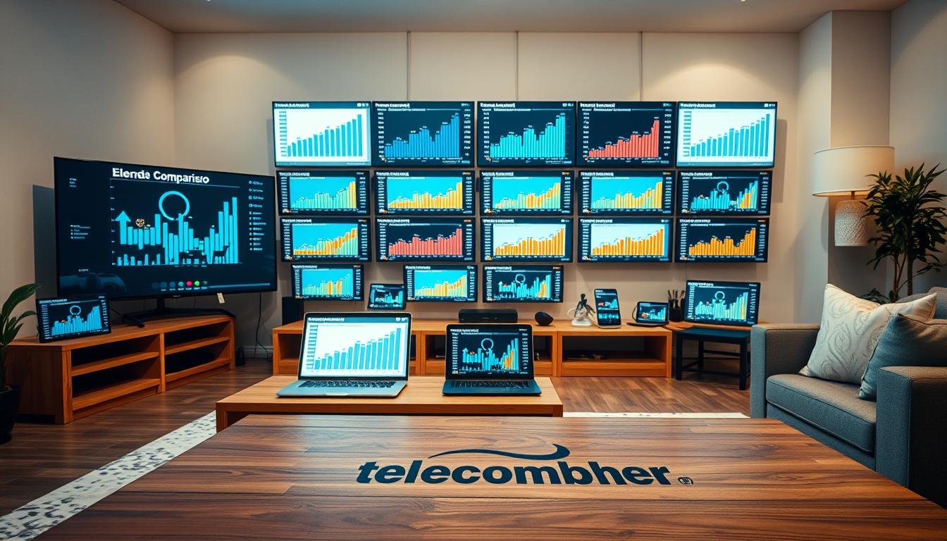 A modern, minimalist home interior with a focus on a wide array of broadband network comparison charts and graphs displayed on multiple screens and devices. The scene is well-lit with a combination of natural and soft artificial lighting, creating a warm, inviting atmosphere. In the foreground, a wooden coffee table features a Telecombrother logo, hinting at the broadband provider's role in the comparison. The middle ground showcases an array of electronic devices, such as laptops, tablets, and smartphones, all displaying comparative broadband data. The background features clean, neutral-toned walls and furnishings, allowing the technological elements to take center stage.