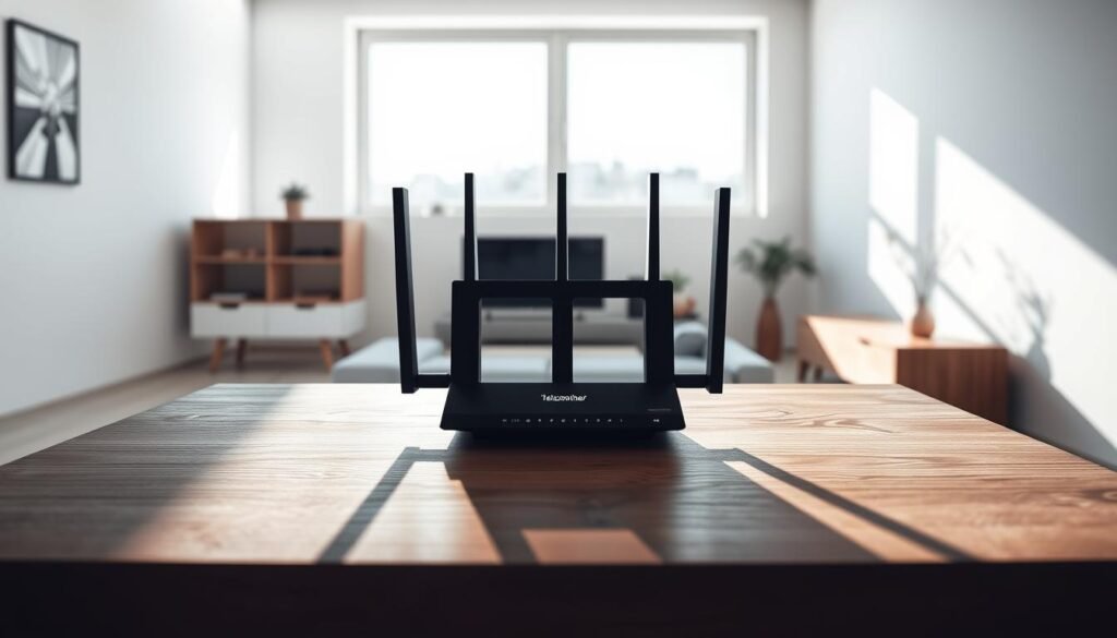 A modern, sleek home interior with a focus on a high-speed internet router from the Telecombrother brand. The router is prominently displayed on a minimalist wooden table, casting long shadows that create a sense of depth and drama. The background features clean, white walls and a large window, allowing natural light to flood the scene. The overall atmosphere is one of simplicity and technological sophistication, hinting at the potential hidden pitfalls of automatic contract renewals for home broadband services.