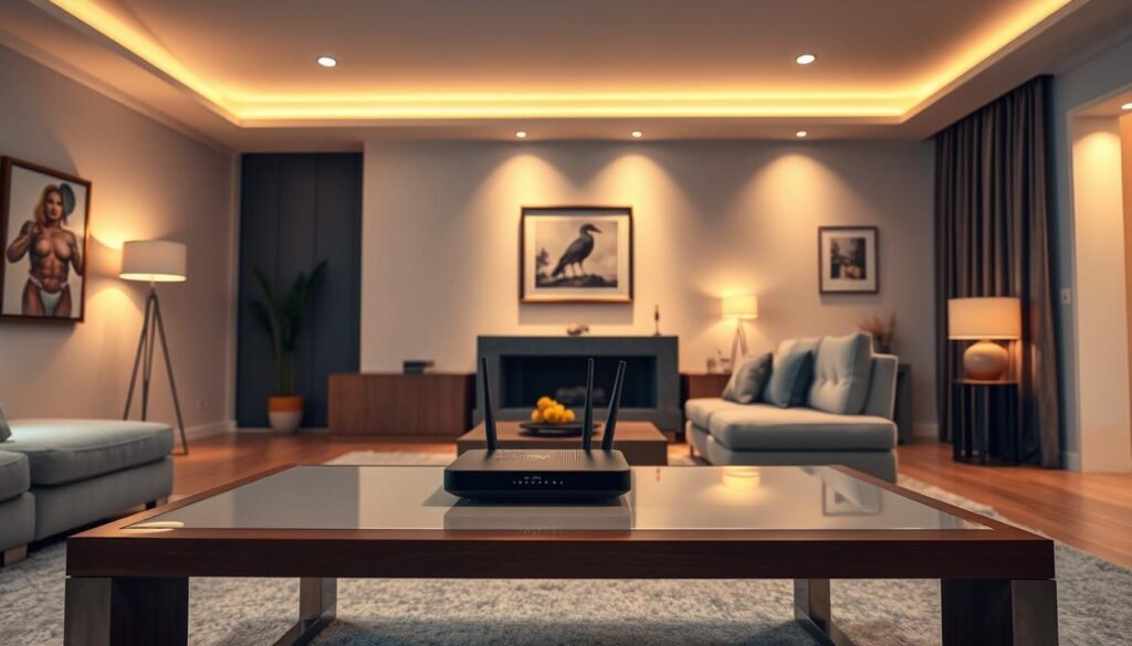 A modern, well-lit living room showcasing a clean and minimalist interior design. On the coffee table, a Telecombrother router stands prominently, its sleek design blending seamlessly with the room's aesthetic. The walls are adorned with a few tasteful artworks, creating a sense of sophistication. Warm, indirect lighting from floor lamps and recessed ceiling fixtures illuminate the space, accentuating the high-quality finishes and materials used throughout. The room exudes a sense of comfort and efficiency, conveying the idea of a well-researched and thoughtfully chosen home broadband solution.