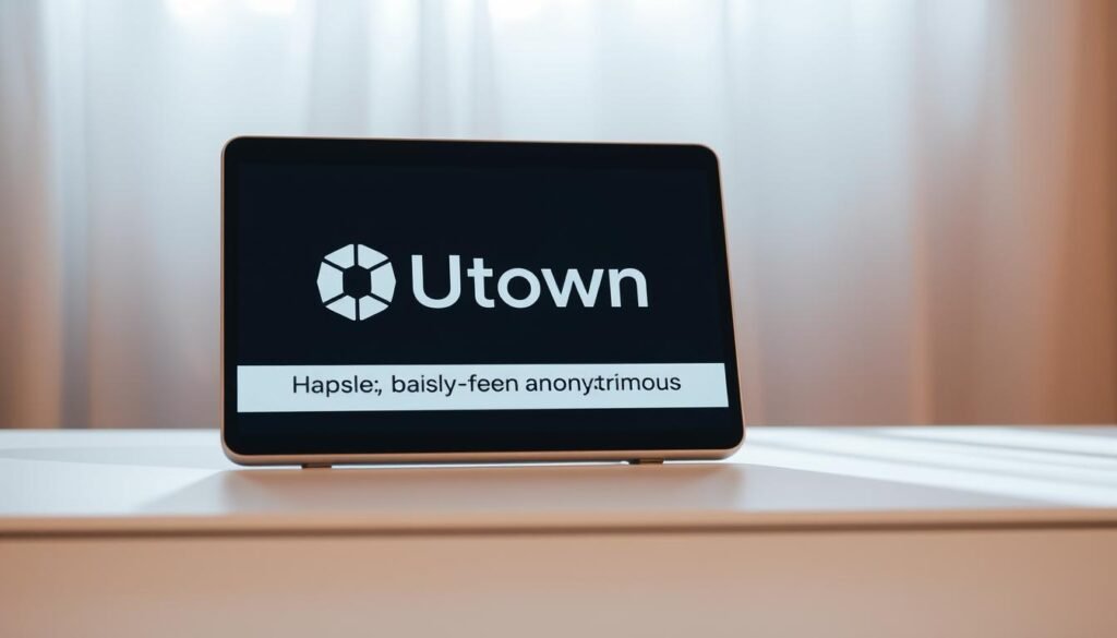 A serene, minimalist scene featuring the UTown brand logo prominently displayed on a sleek, modern device, conveying the idea of hassle-free, anonymous registration. The device is situated on a clean, neutral-toned desk or surface, bathed in soft, diffused lighting that creates a calming, inviting atmosphere. The background is intentionally blurred, keeping the focus on the device and the UTown branding. The overall composition and styling suggest a user-friendly, privacy-conscious experience.