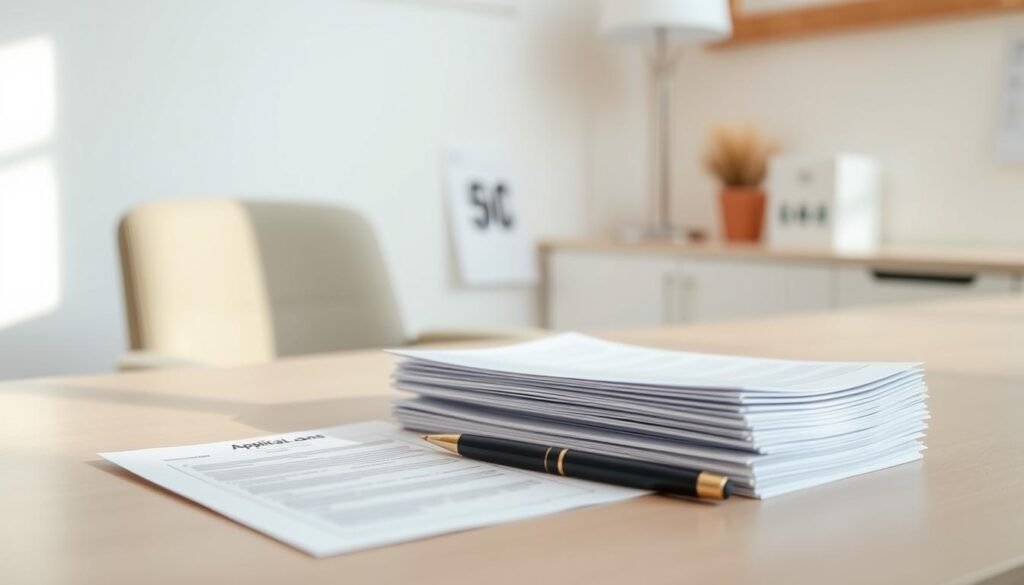 A serene office setting with a desk, chair, and a laptop computer. On the desk, a stack of documents and a pen, signifying the application process for a small personal loan. The lighting is soft and natural, creating a calming atmosphere. The background features a minimalist, modern decor with neutral tones, allowing the focus to remain on the loan-related items. The overall composition conveys the thoughtful consideration and potential pitfalls associated with applying for a small-scale credit product.