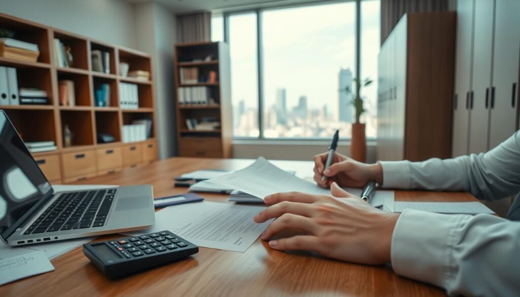 A serene, well-lit office setting with a laptop, calculator, and various documents scattered across a wooden desk. The foreground features a person's hands filling out an application form, with a focused expression on their face. In the middle ground, bookshelves and filing cabinets line the walls, conveying a sense of professionalism and organization. The background depicts a large window overlooking a cityscape, imbuing the scene with a calming, urban atmosphere. The overall mood is one of diligence and attention to detail, reflecting the process of applying for a small loan.