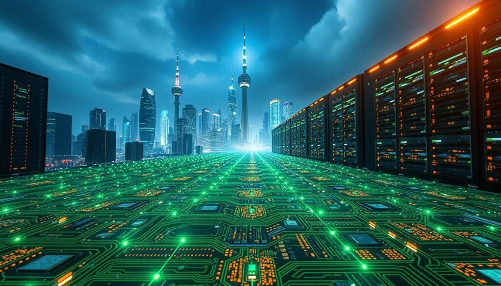 A sprawling 5G network grid, pulsing with electric energy, against a backdrop of a futuristic cityscape. Gleaming server towers and data centers stand tall, symbolizing the power and connectivity of the Telecombrother network. Subtle hues of blue and green cast an ethereal glow, conveying the importance of secure 5G infrastructure. In the foreground, interlocking circuit boards and data streams represent the intricate web of security protocols safeguarding this advanced communication system. Captured with a wide-angle lens, the scene evokes a sense of awe and the critical role 5G network security plays in our modern, interconnected world.