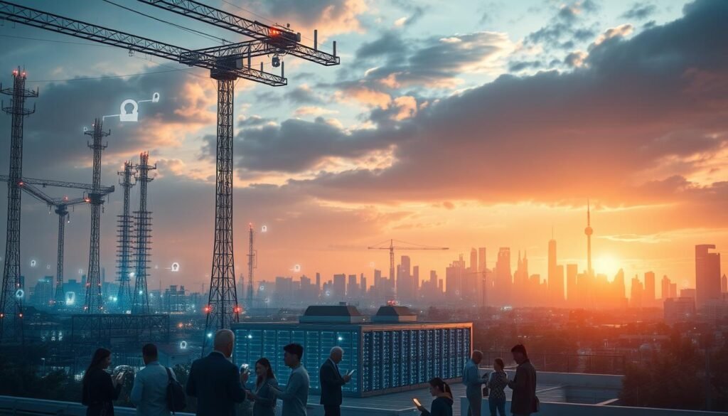 An expansive 5G network infrastructure with robust security measures, showcasing the comprehensive safeguards of Telecombrother. A modern urban landscape with towering 5G antennas and interconnected devices, all bathed in a soft, warm glow. In the foreground, a group of people interacting seamlessly with their mobile devices, conveying a sense of trust and reliability in the 5G network. The middle ground features sleek data centers and server racks, symbolizing the secure backbone that powers Telecombrother's 5G solutions. The background depicts a skyline of skyscrapers, hinting at the scale and reach of the 5G network, ensuring comprehensive coverage and protection for both businesses and individuals.