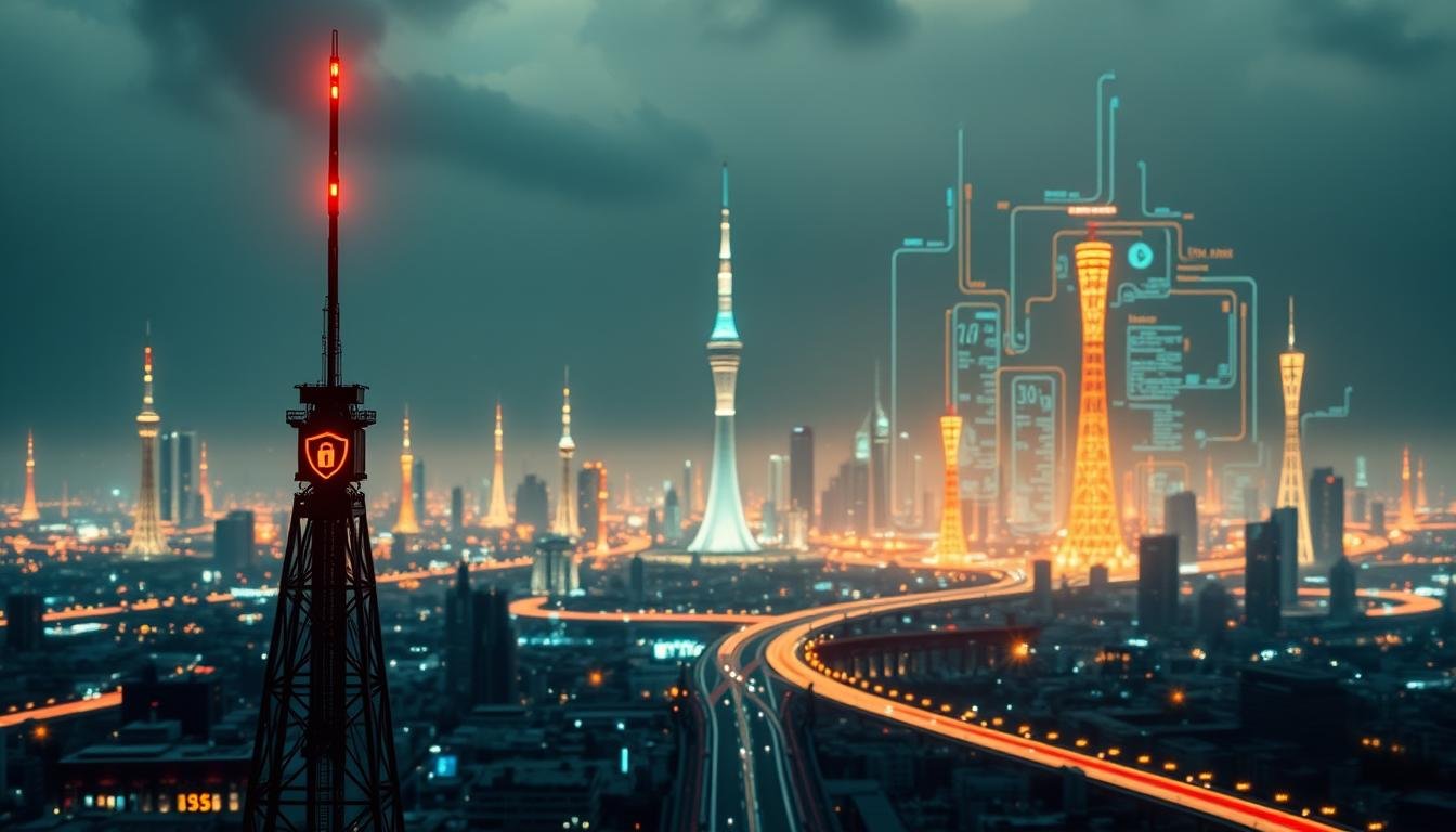 Detailed 5G network security landscape, featuring a futuristic cityscape with interconnected towers and data streams. In the foreground, the Telecombrother brand logo stands prominently, symbolizing its comprehensive security solutions. The middle ground showcases advanced encryption protocols and firewall systems protecting the 5G infrastructure. The background depicts a sleek, high-tech environment with glowing data visualizations, hinting at the advanced security measures employed. Subtle lighting and cinematic angles create a sense of power and innovation, reflecting the article's focus on the most comprehensive 5G security offerings.