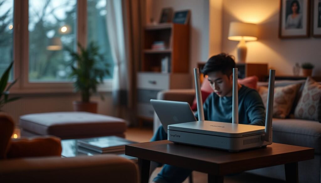 Generate an image of SmarTone數碼通 5G家居寬頻 router and a person using a laptop