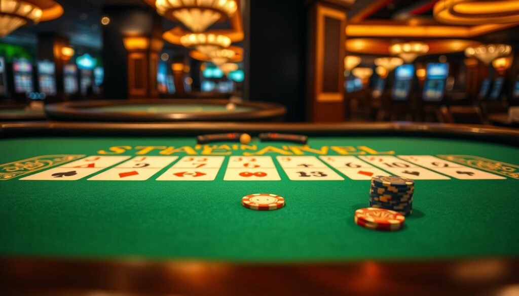 A close-up view of a baccarat table, with a crisp, clean tabletop and a vibrant felt surface in a rich green hue. The table is illuminated by warm, evenly-distributed lighting, casting a subtle glow across the felt and wooden surfaces. In the foreground, a detailed display showcases the card patterns and hand rankings of baccarat, providing a clear visual reference for the fundamental gameplay mechanics. The middle ground features a few casino-style gaming chips in various denominations, neatly arranged to complement the analytical focus of the scene. The background maintains a sense of depth, with a blurred, out-of-focus view of the casino's interior, hinting at the broader gaming environment. The overall mood is one of analytical clarity and educational focus, inviting the viewer to engage with the core rules and strategies of baccarat.