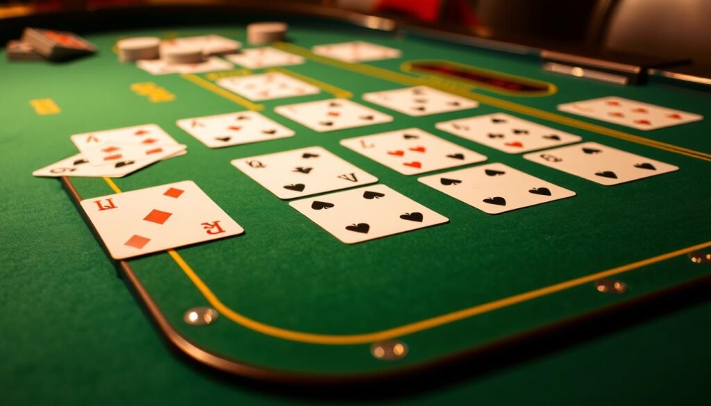 A close-up view of a casino gaming table, the green felt surface illuminated by warm, focused lighting. On the table, playing cards are arranged in a specific pattern, showcasing the "baccarat draw rules" or "補牌規則" of the game. The cards are crisp and detailed, their suits and values clearly visible. The table's edges are slightly blurred, drawing the viewer's attention to the central focus of the gameplay mechanics. The atmosphere is one of concentration and strategic contemplation, inviting the viewer to engage with the nuances of baccarat's supplementary draw rules.
