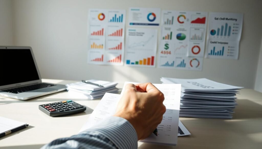 A neatly organized office desk with a laptop, calculator, and stacks of documents. In the foreground, a person's hand holding a pen, carefully marking and annotating a report. The lighting is soft and natural, creating a focused and professional atmosphere. In the background, a minimalist wall display showcases various charts, graphs, and infographics related to credit inquiries and their management. The scene conveys a sense of efficient task management and attention to detail in overseeing a company's credit monitoring activities.