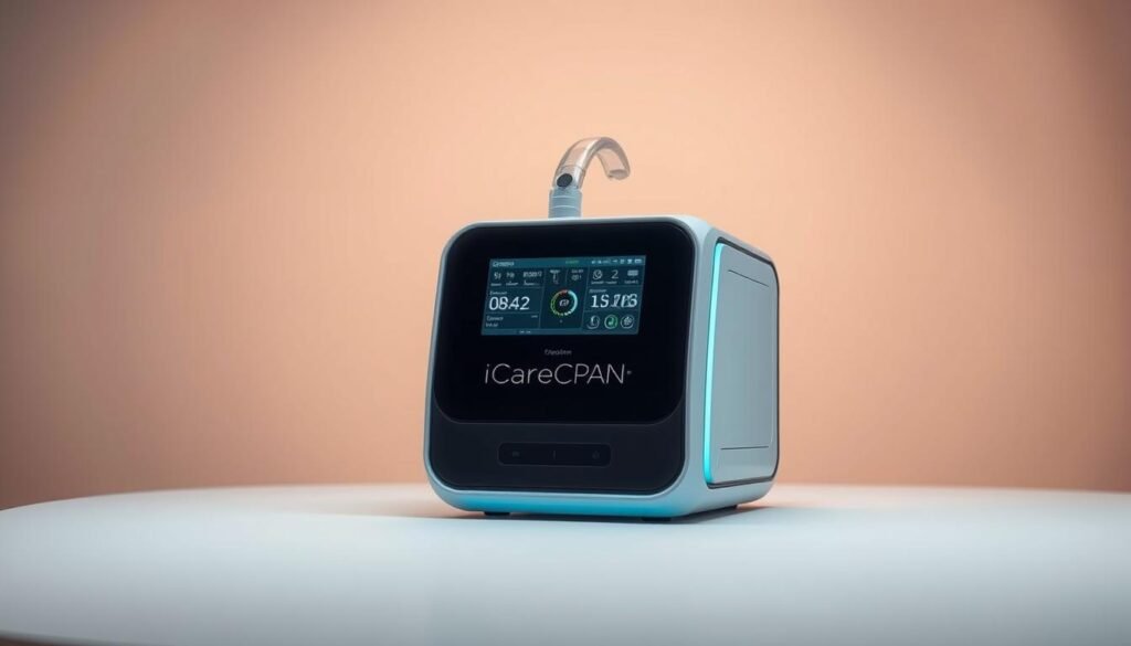 A sleek, high-tech medical device sits atop a clean, minimalist surface. The device, the iCareCPAP sleep apnea machine, showcases its advanced respiratory monitoring and ventilation features. The front panel displays a crisp, digital interface, hinting at the machine's sophisticated algorithms and precision control. In the background, a serene, muted color palette evokes a sense of calm and therapeutic tranquility, fitting for the machine's role in providing restful, restorative sleep. Soft, diffused lighting casts a gentle glow, emphasizing the device's modern, streamlined design. The overall scene conveys the steady technological progress and innovative capabilities of sleep apnea and respiratory machines, ready to improve the quality of life for those in need.