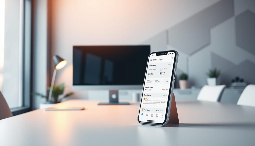 A sleek, minimalist office interior with a neatly organized desk and computer setup. Soft, directional lighting from a large window casts a warm glow across the scene. On the desk, a stylish smartphone displays a financial app interface, showcasing a clean and intuitive &amp;amp;amp;amp;amp;amp;amp;amp;amp;quot;Credit Check Management&amp;amp;amp;amp;amp;amp;amp;amp;amp;quot; dashboard. The background features abstract geometric patterns, conveying a sense of order and efficiency. The overall atmosphere is professional, calming, and conducive to productive financial management.