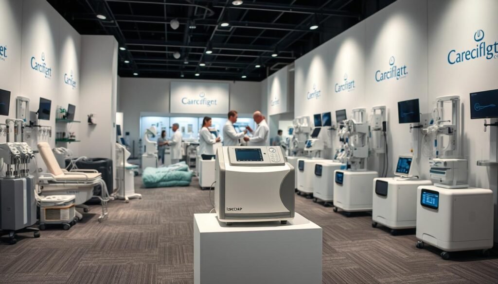 A well-lit showroom displaying a variety of medical-grade sleep apnea devices and respiratory equipment. In the foreground, an iCareCPAP machine sits prominently on a sleek, minimalist display stand. Behind it, rows of other CPAP devices, oxygen concentrators, and ventilators are arranged in a visually appealing manner. The middle ground features healthcare professionals examining the products, while the background depicts a modern, clinical setting with clean white walls and subtle branding. The overall scene conveys a sense of professionalism, innovation, and expertise in the sleep and respiratory medical equipment industry.