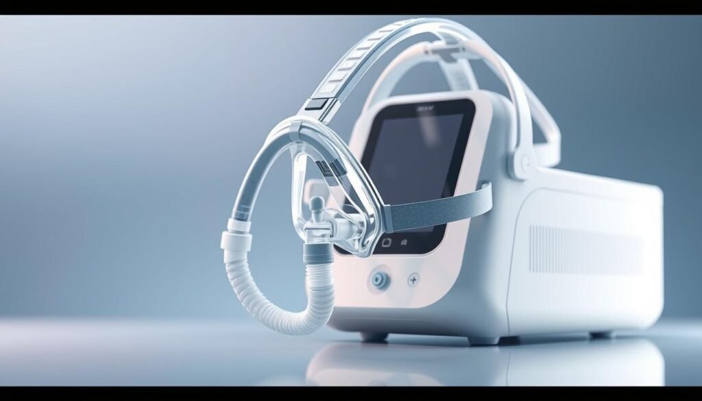 A detailed, high-quality medical illustration of an iCareCPAP sleep apnea machine. The device is presented in the foreground, with a serene, calming background of soft blues and grays. The sleep apnea mask is prominently featured, showcasing its comfortable and ergonomic design. The machine itself is depicted with a sleek, modern aesthetic, highlighting its advanced technology and functionality. Soft, directional lighting emphasizes the smooth contours and subtle details of the device. The overall mood is one of tranquility and healthcare, reflecting the importance of this treatment in promoting healthy sleep and well-being.