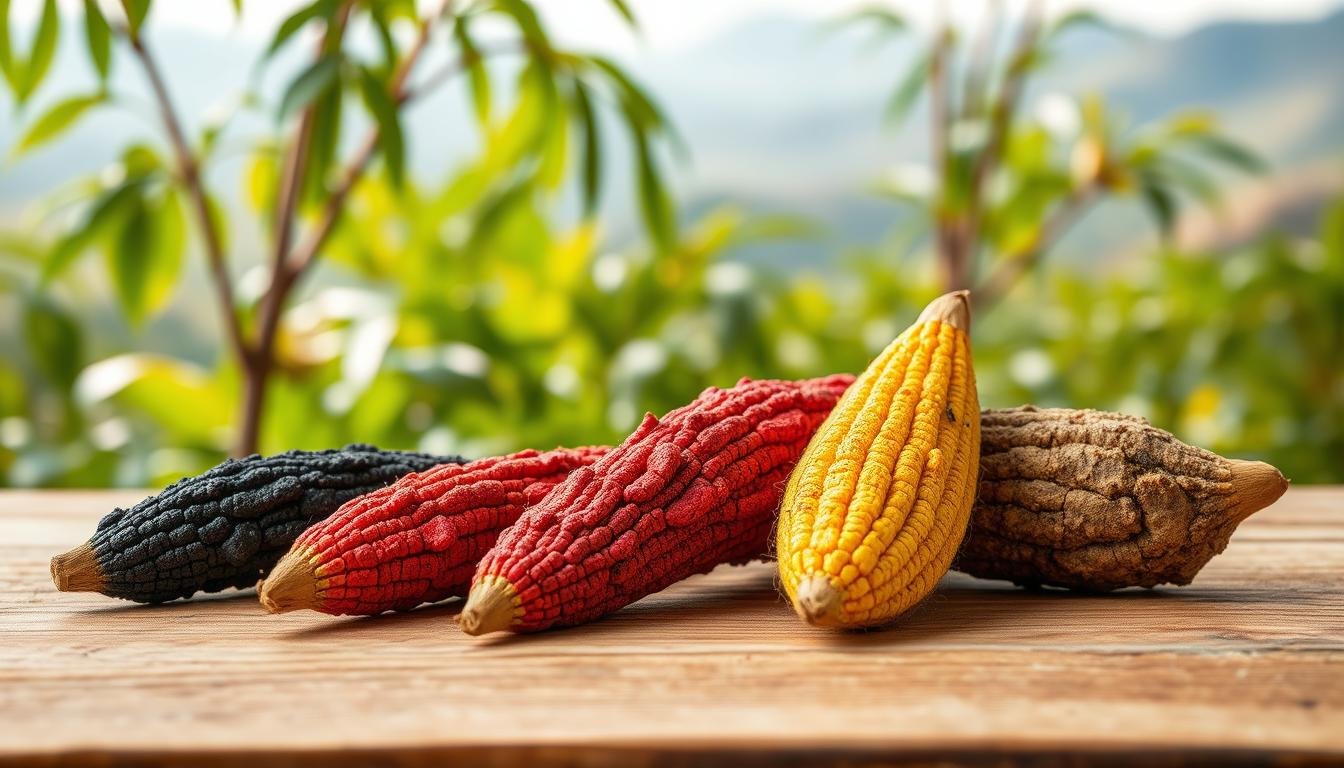 A beautifully arranged display of three types of maca roots: black, red, and yellow, each placed elegantly on a natural wooden surface. In the foreground, the textures of the roots are highlighted, showcasing their unique colors and shapes. The middle ground features a lush green backdrop, symbolizing the Andean landscapes where maca is traditionally grown, with soft sunlight filtering through the leaves, creating a warm, inviting atmosphere. The background includes blurred outlines of distant mountains, enhancing the sense of origin and natural beauty. The scene captures a harmonious and educational vibe, perfect for illustrating the fundamental knowledge about maca, with a soft focus that adds depth and serenity to the image.