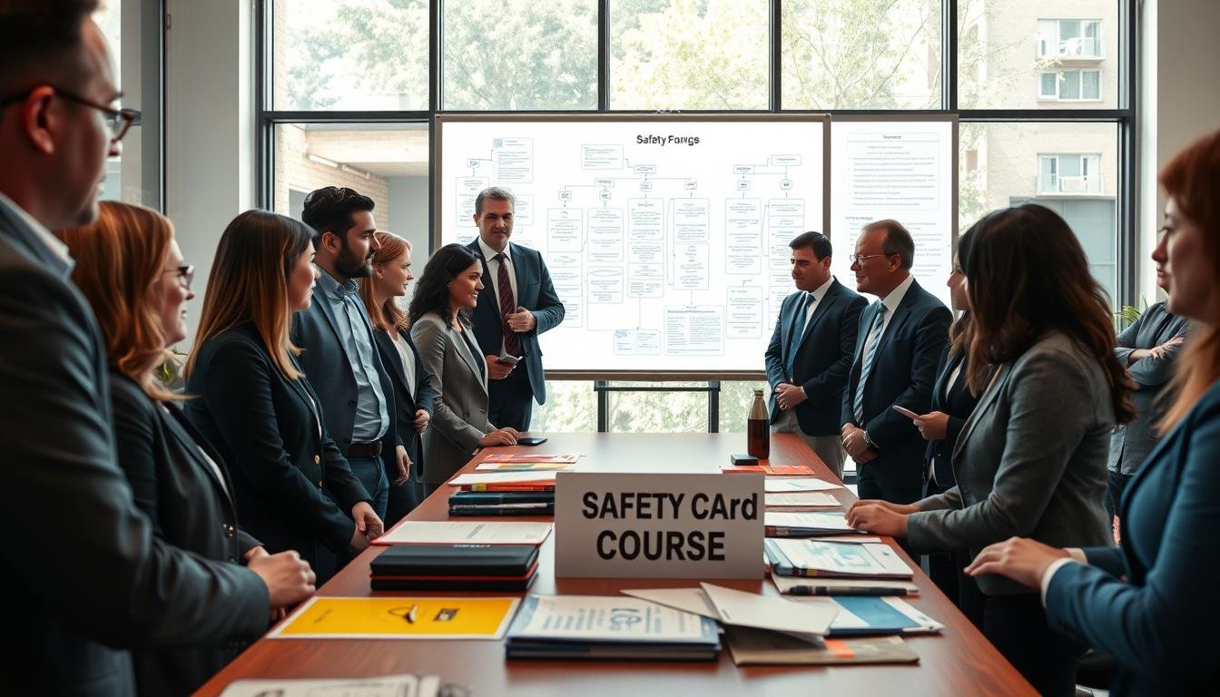 A professional training environment illustrating the implementation process of a safety course, featuring a well-organized classroom scene. In the foreground, a diverse group of adults, dressed in smart business attire, are engaged in a discussion around a large table filled with safety training materials and a prominent "Safety Card Course" poster. The middle ground shows a whiteboard filled with flowcharts and diagrams detailing the course procedures and responsibilities. In the background, large windows allow natural light to pour in, creating a bright and welcoming atmosphere. The overall mood is focused and collaborative, symbolizing teamwork and the importance of safety preparation. The angle captures both the engaged participants and the detailed materials effectively.